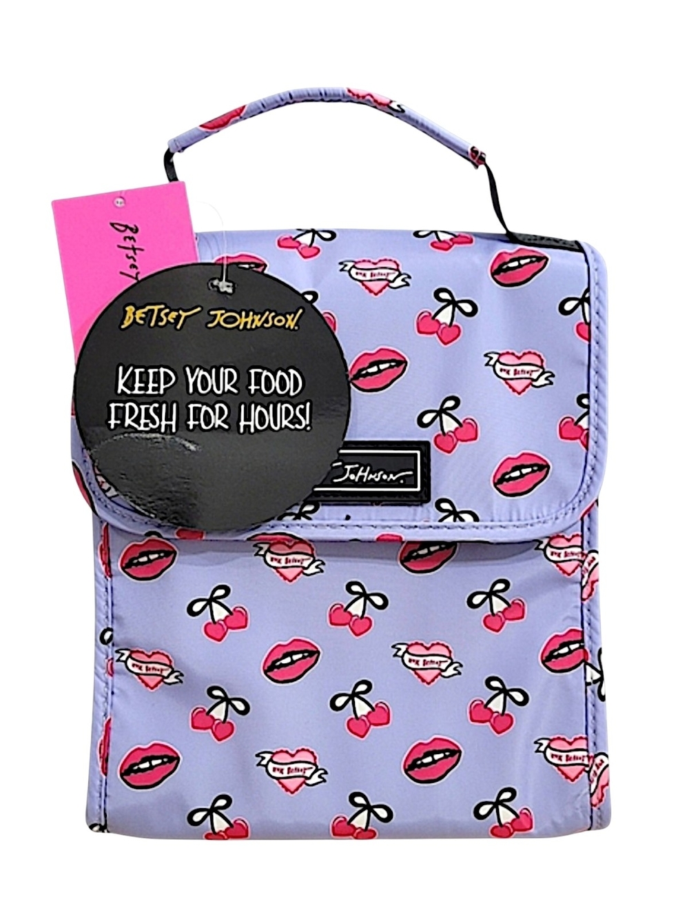 Betsey Johnson Lavender Lunch Bag with Pink Cherry & Lip Print